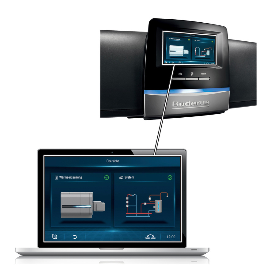 Beim Buderus Web­portal Control Center Commercial bzw. ­CommercialPlus wird der Bildschirm des ­Regelgerätes eins zu eins auf dem PC-Monitor oder Laptop des ­Heizungsfachbetriebes dargestellt.