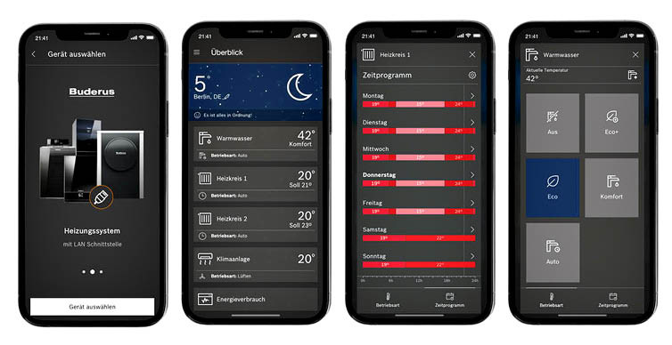 Über das Menü der App MyBuderus verbinden sich Anlagenbetreiber mit ihrem Wärme­erzeuger (1) und haben alle wichtigen Parameter im Blick (2). Via Zeitprogramm lassen sich Heizsysteme individuell einstellen (3), ebenso wie der Warmwasserkomfort (4).