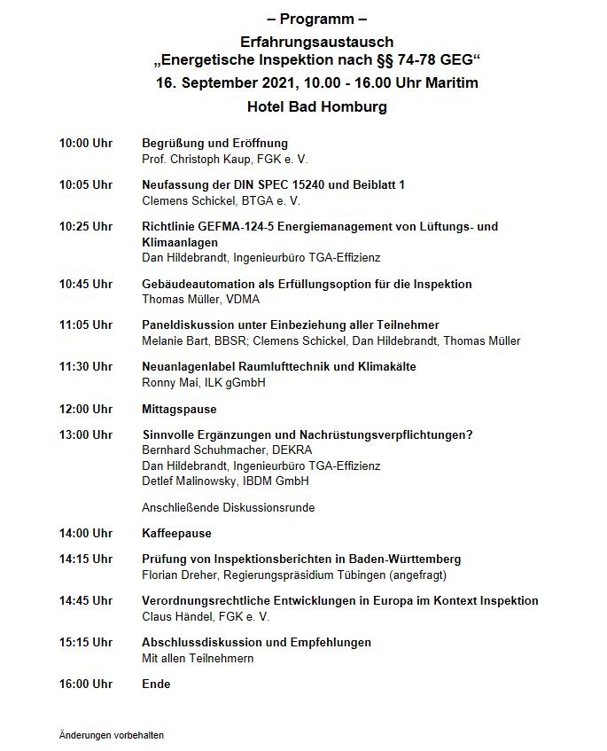 Das Programm der Veranstaltung „Energetische Inspektion nach §§ 74- 78 GEG“ das am 16.09.2021 in Bad Homburg stattfindet.