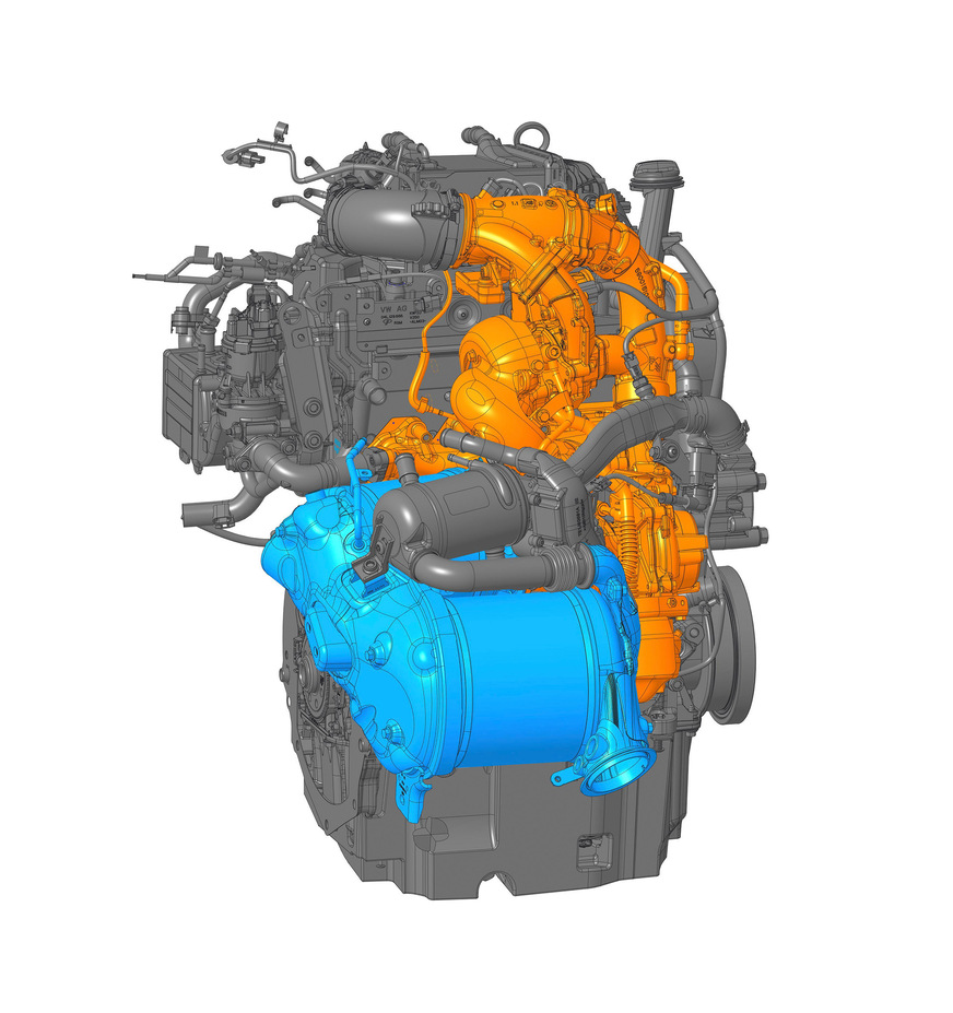 Bedeutsame Reduktion: Zur Minderung der NOx-Werte ist einer von zwei Katalysatoren besonders nah ans Triebwerk herangerückt (blau).