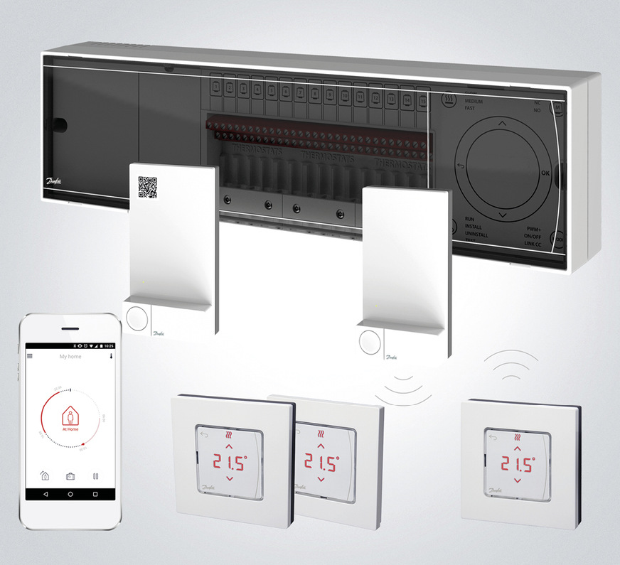 Bild 3: Für den automatischen hydraulischen Abgleich wird eine intelligente digitale Systemsteuerung benötigt. Bei Danfoss Icon kommuniziert die zentrale Steuerungseinheit mit den Raumthermostaten und den Stellantrieben des Verteilers und erfasst über selbstlernende Algorithmen, bei welchen Massenströmen die angestrebte Raumtemperatur erreicht wird.