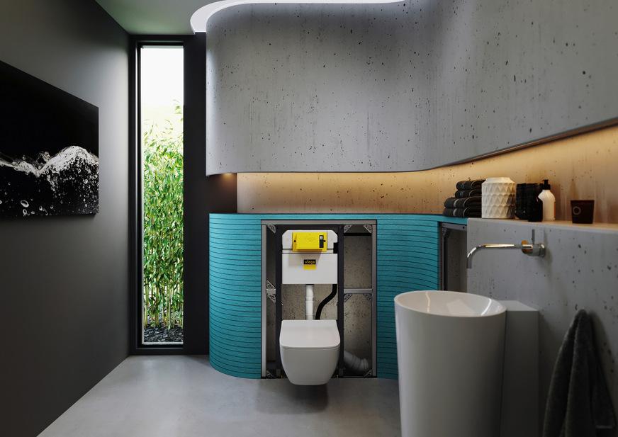 Mit den Viega-Vorwandsystemen lassen sich auch außergewöhnliche Badgestaltungen realisieren, wie diese geschwungene Konstruktion mit umlaufender Nische.