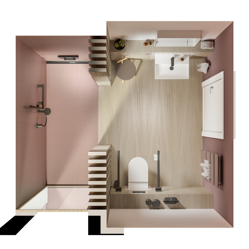 Kreative Konstruktion für mehr Platz bei Badrenovierungen: Durch die Vorwand entsteht für die bodengleiche Dusche gewissermaßen ein ganz eigener Raum. Das Waschtisch- und das WC-Element sind zudem höhenverstellbar; das Bad ist damit noch barrierefrei.