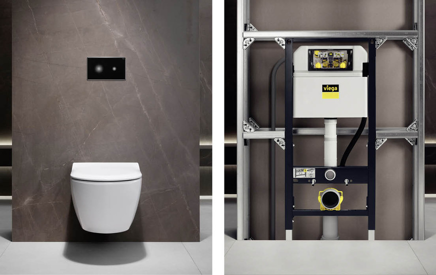 Ein Blick in das Innere der Vorwand zeigt den Konstruktionsaufbau aus „Prevista Dry Plus“-Schienen, Eckverbindern und werkseitig vorkonfektioniertem WC-Spülkasten. Die Vorwand kann nach der Feininstallation wahlweise mit Designplatten verkleidet oder mit Gipskarton beplankt und anschließend verfliest werden..