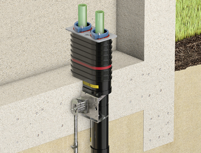 Müssen gleich zwei ­Kunststoffrohre eingezogen werden, ist die Mehr­spartenhauseinführung für zwei Leitungen Quadro-Secura Basic R2 die richtige Wahl.