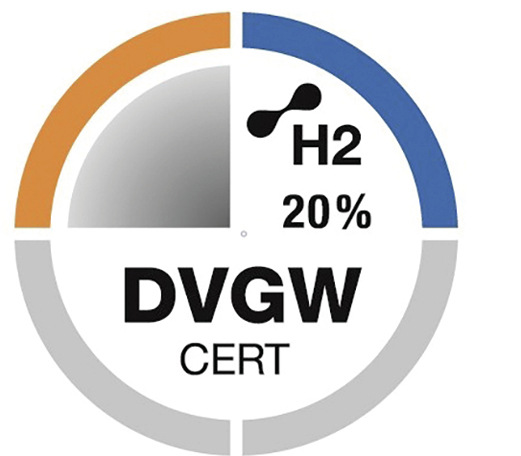 DVGW-Cert-Prüfsiegel „H2-ready“ für eine Beimischung von bis zu 20 Vol.-% Wasserstoff zum Erdgas.