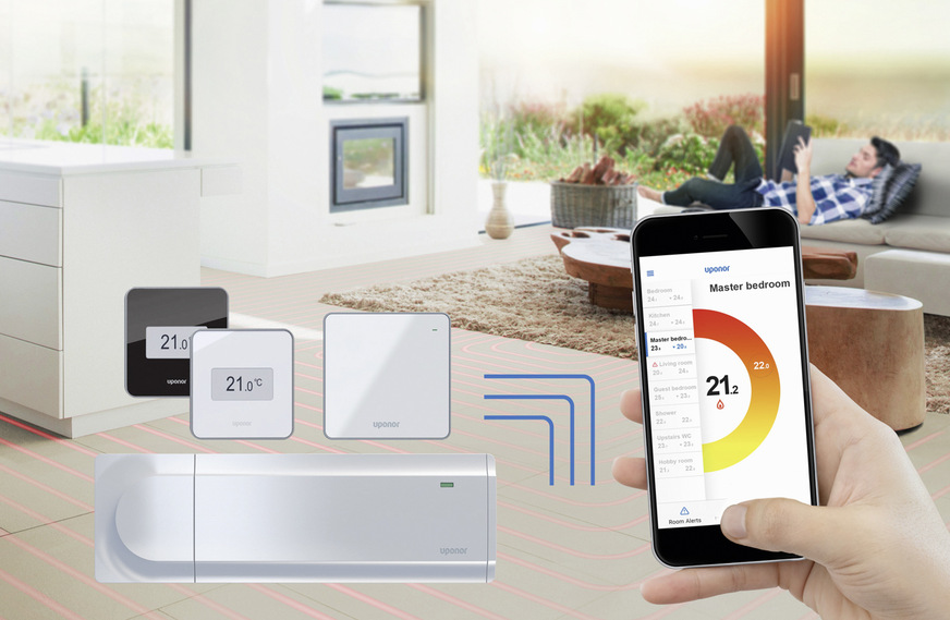 Die Raumtemperaturregelung Uponor Smatrix Pulse steuert die Heizung und Kühlung sehr effektiv. Die Produktreihe bietet zudem Smarthome-Funktionen.