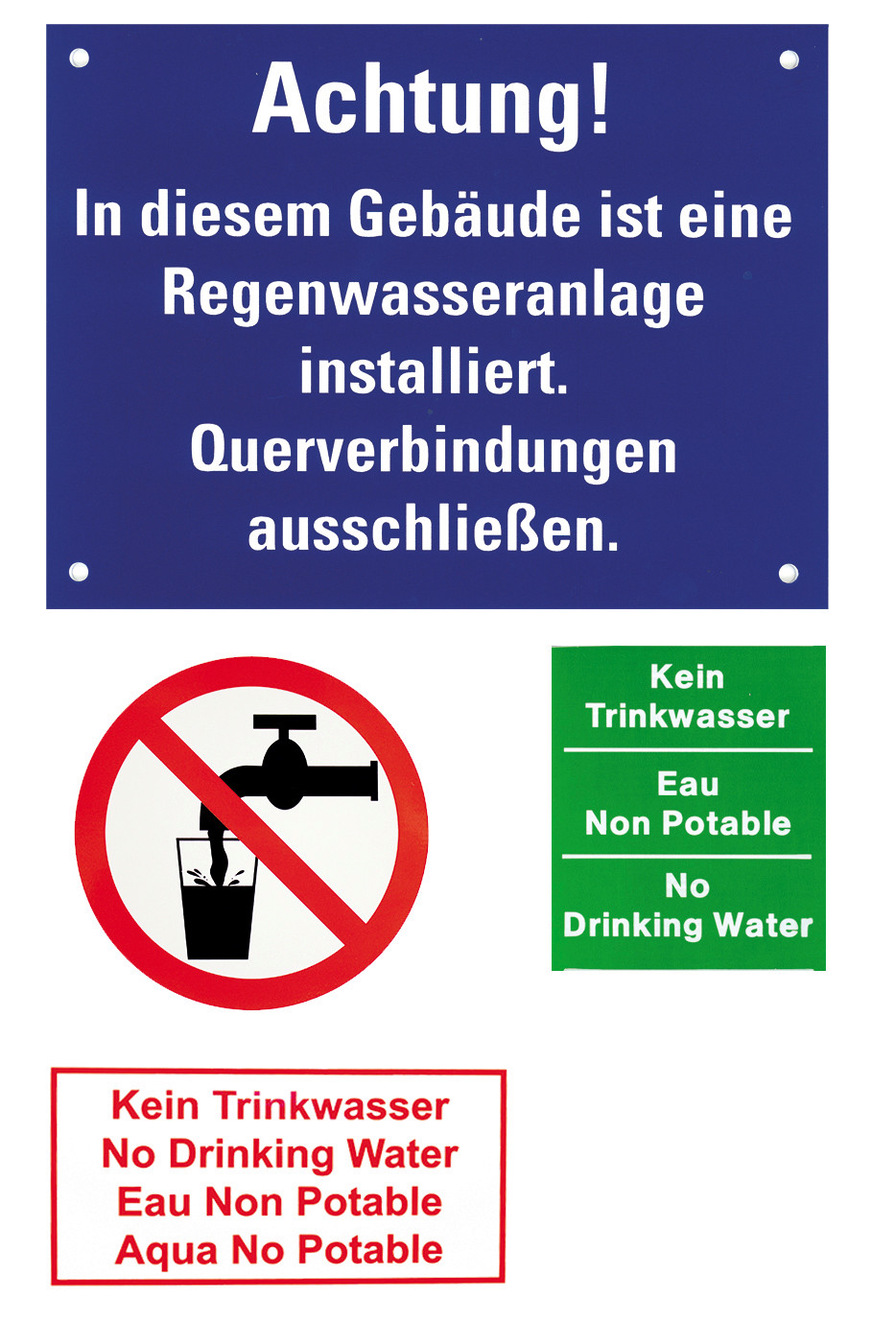 Die Abbildung zeigt Beschriftungsmöglichkeiten bzw. Warnhinweise für Regenwassernutzungsanlagen.