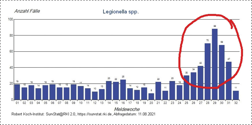 Eine Möglichkeit für das derzeit gehäufte Auftreten von Legionellosen könnte sein, dass die Legionellen durch Stagnation ein ideales Umfeld hatten, um sich in Trinkwasseranlagen auszubreiten und festzusetzen.