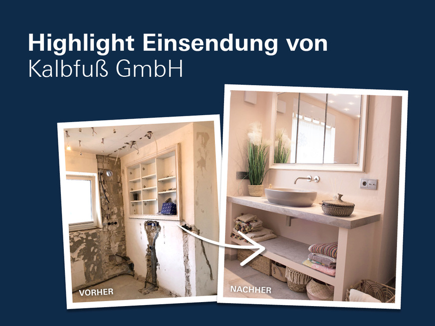 Ein preisverdächtiges Highlight: Vorher- und Nachher-Einsendung der Firma Kalbfuß GmbH aus Bad Dürkheim. Die Grohe Atrio Wandarmatur fügt sich perfekt in das Wohlfühlbad in warmen Farbtönen ein.&nbsp;