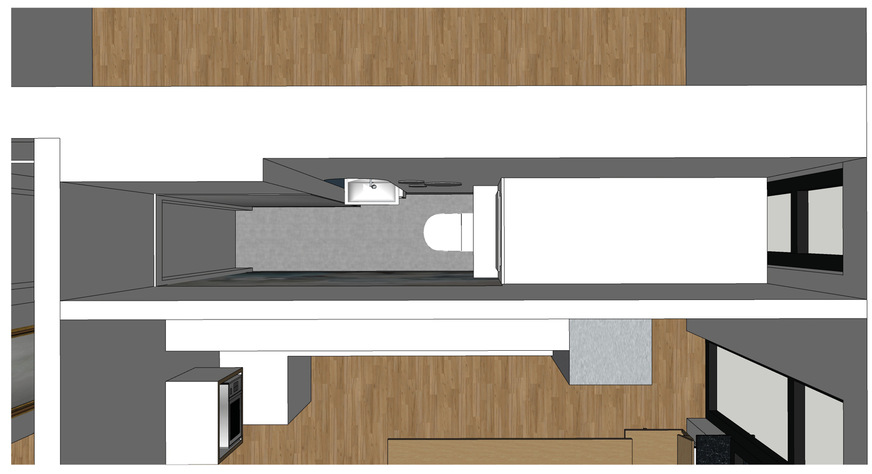 Wie in Altbauten häufig zu finden, ist der Raum zweigeteilt: Im vorderen Bereich das WC, dahinter ein Vorratsraum, der von der daneben liegenden Küche aus betreten wird.
