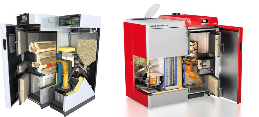 Die Hersteller bieten unterschiedliche technische Lösungen hinsichtlich der Kombination der beiden Kesselformen an.