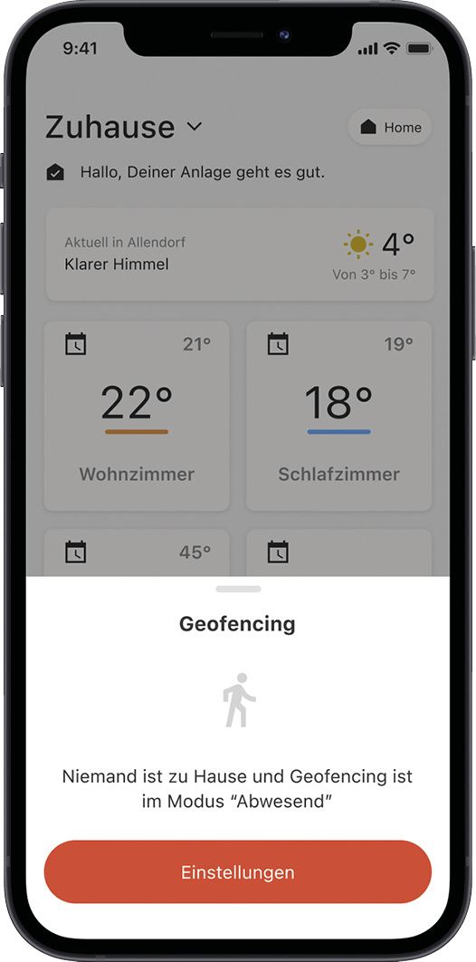 Bild 5: Auf Wunsch nutzt die App Vicare die Ortsfunktion des Smartphones und erkennt die Entfernung zur Heizung (Geofencing). Dann wird z. B. die Heizleistung automatisch gedrosselt, wenn niemand mehr im Hause ist.