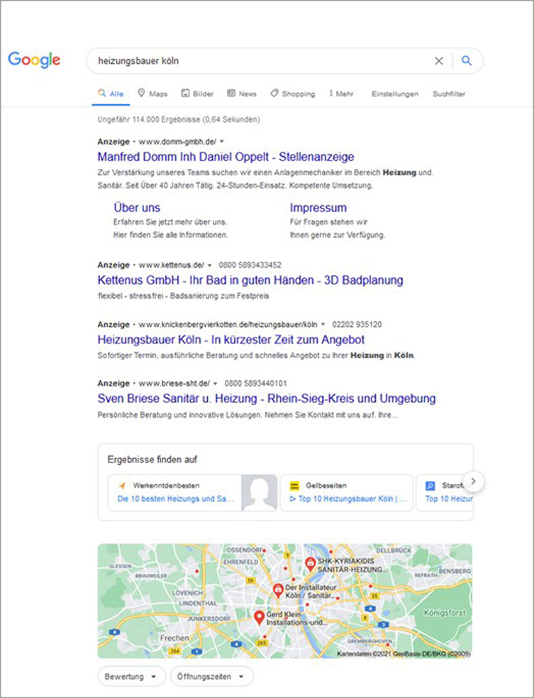 Mit einem Klick auf das ausgewählte SHK-Handwerksunternehmen kann das Google-My-Business-Profil aufgerufen und betrachtet werden.