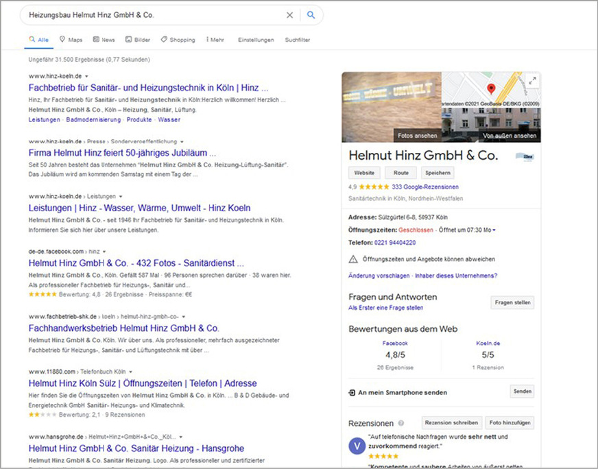 Gibt man bei Google zum Beispiel den Namen eines bekannten Heizungsbauers als Suchbegriff ein, wird idealerweise auf der rechten Seite eine Art Unternehmensprofil erscheinen.