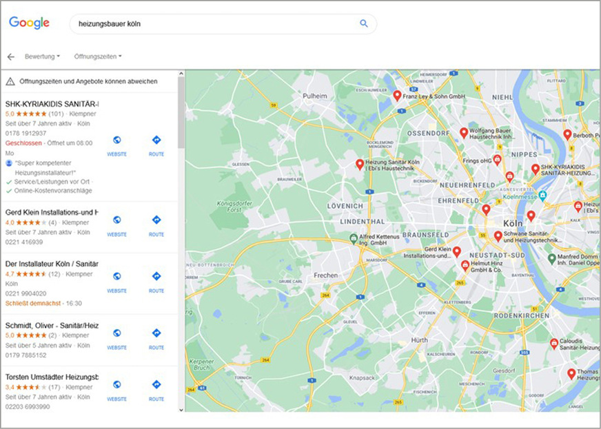 Wird alternativ ohne Namen des SHK-Handwerksunternehmens nach einem Heizungsbauer in Köln gesucht, werden in Google Maps Heizungsbauer auf der Landkarte angezeigt.