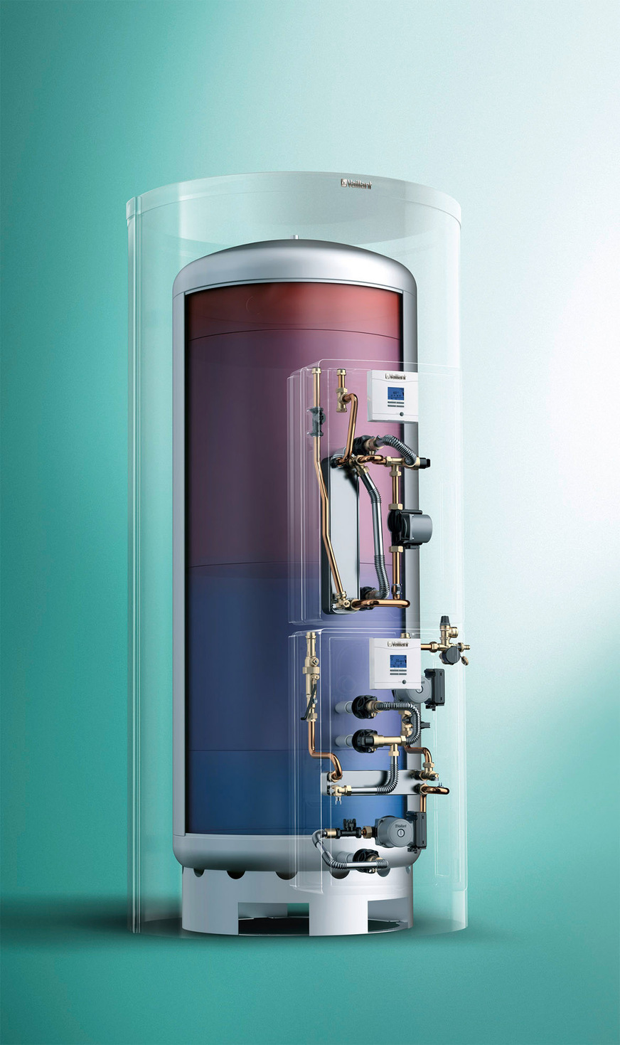 Multifunktionsspeicher wie der Allstor von Vaillant stehen für Warmwasserspeicher, die Schichtladetechnik zusätzlich mit einer intelligenten Sensorik sowie einer elektronischen Regelung verbinden und die Kombination unterschiedlicher erneuerbarer und fossiler Energiequellen ermöglichen.