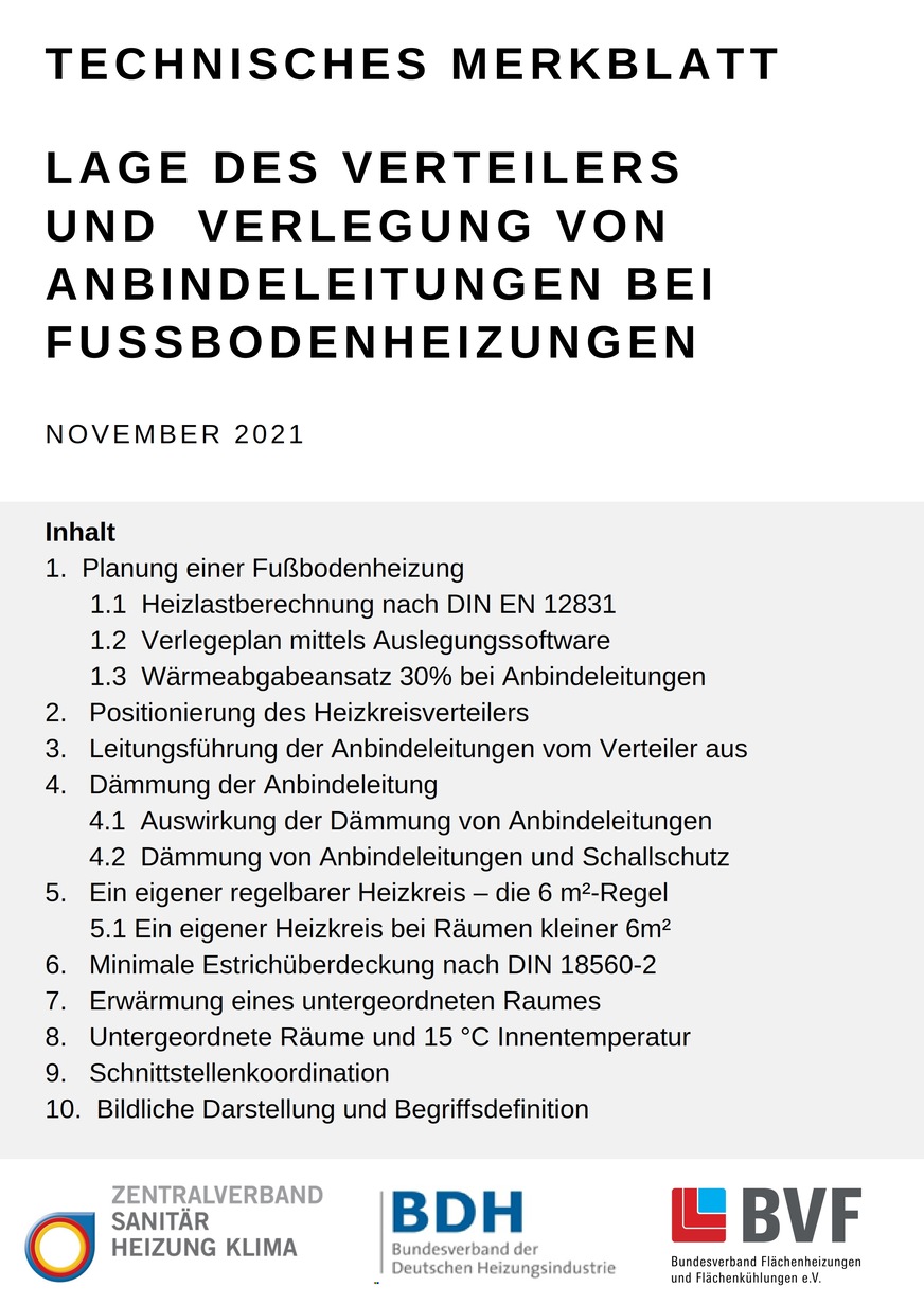 BDH, BVF und ZVSHK veröffentlichen gemeinsam ein technisches Merkblatt „Lage des Verteilers und Verlegung von Anbindeleitungen bei Fußbodenheizungen“.