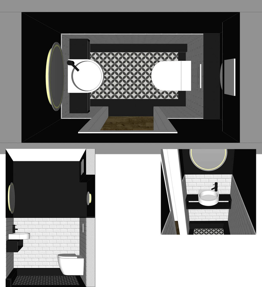 Variante 1: Weiße Metro­fliesen bilden einen umlaufenden Sockel in Höhe der WC-Vorwand, Wände und Decke sind schwarz gestrichen. Am Boden liegen gemusterte Zementfliesen mit Kreismotiv.