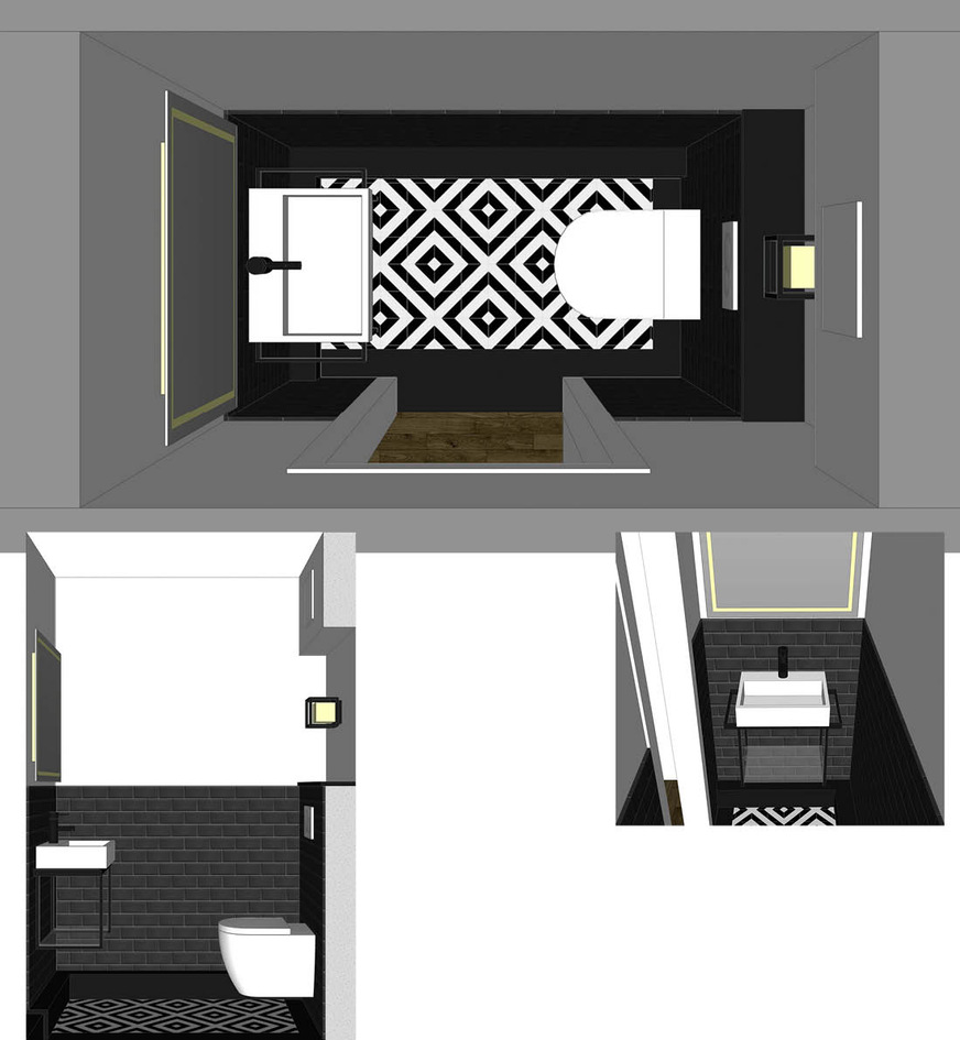 Bei Variante 2 bilden schwarze Metrofliesen den umlaufenden Sockel, Wände und Decke sind weiß gestrichen. Am Boden sind gemusterte Zementfliesen mit einem diagonalen Quadratmuster geplant.