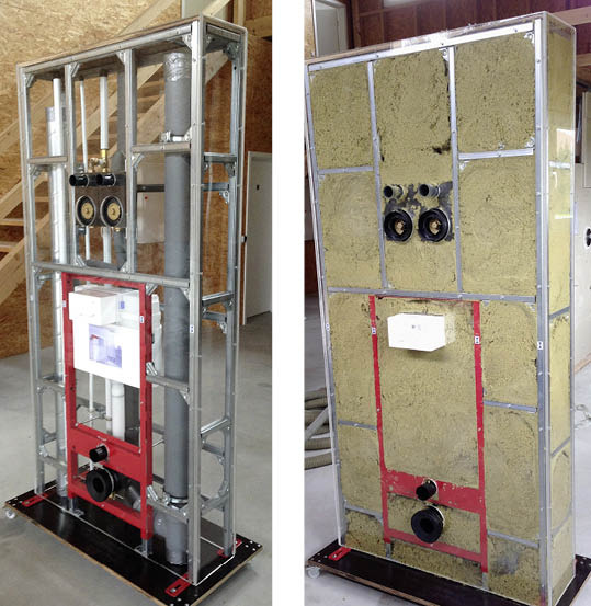 Installationsschacht unbefüllt (links) und Installationsschacht mit EBD&nbsp;Technologie befüllt.