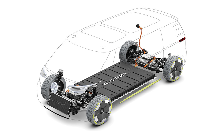 Beim ID.Buzz Cargo (ab Ende 2022) hat Volkswagen für Vorder- und Hinterachse jeweils einen eigenen E-Antrieb entwickelt, dazwischen die variable Anzahl möglicher Akkus.