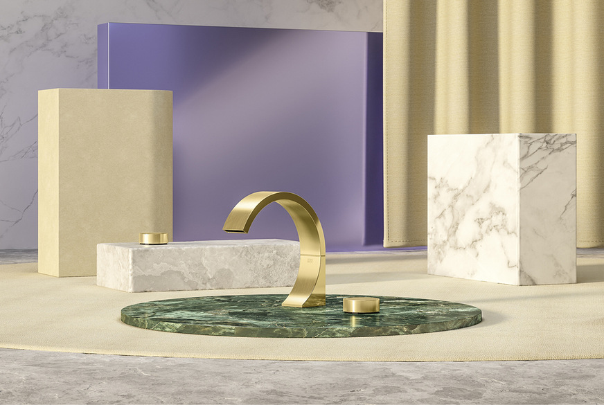 Progressive Zeitlosigkeit: Das Design der neuen Armatur Cyo von Dornbracht wird durch die Grundform des Kreises bestimmt, der seine Vollendung in den kreisrunden Griffen findet. Ausgewählte Oberflächen sollen die auffälligen Züge von Cyo unterstreichen, und eine breite Auswahl an Griffeinsätzen in verschiedenen Oberflächen und Ausführungen, darunter sechs exklusive Sonderoberflächen aus edlen Natursteinen und extravaganten Strukturen, sollen einen hohen Grad an Gestaltungsspielraum ermöglichen.