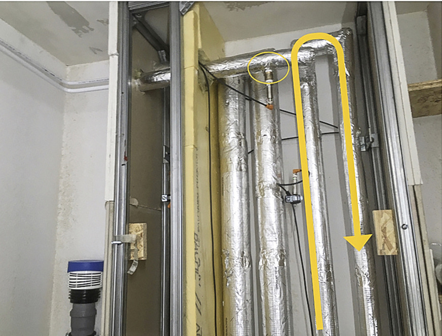 Bild 2: An jedem Abzweig einer zirkulierenden Warmwasserleitung ergibt sich während Stagnationsphasen systematisch ein hohes Risiko für Legionellenwachstum aufgrund der langen Verweilzeit des Wassers im Abzweig bei ungünstigen Temperaturen.