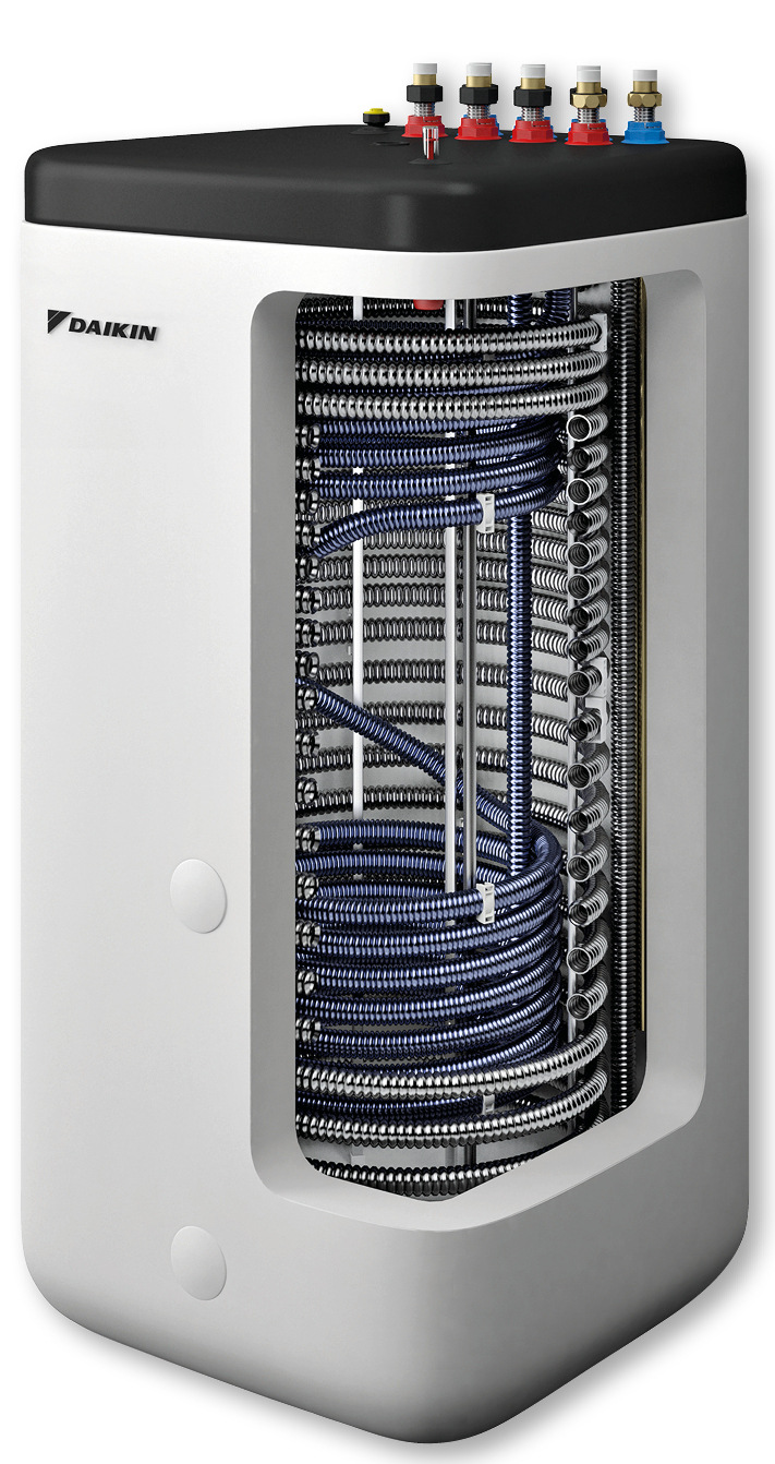 Die Hochleistungs-Hygienespeicher Daikin Altherma ST verfügen über je 500 l Fassungsvermögen und eine sehr hohe Schüttleistung zur Warmwasserbereitstellung.