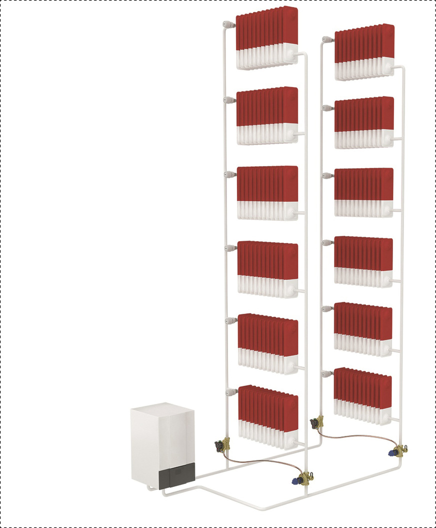 Darstellung eines Heizsystems mit hydraulischem Abgleich. Drucksensible Regelventile an Rohrsystemen und Heizkörpern stellen sicher, dass zur richtigen Zeit am richtigen Ort stets die richtige Warmwassermenge (rot) vorhanden ist.