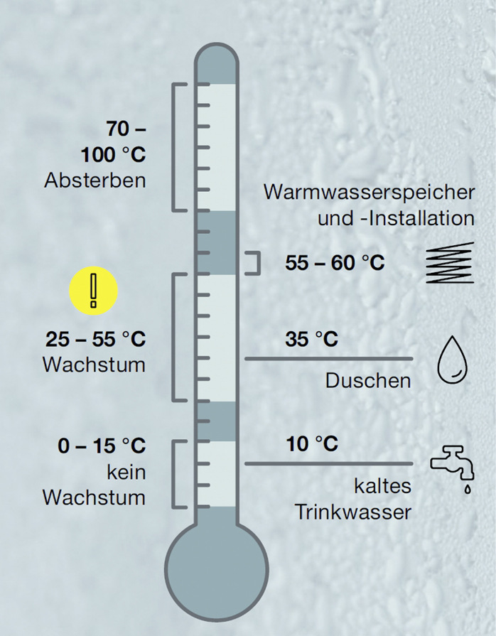 Bei Temperaturen zwischen 25 und 55 °C vermehren sich Legionellen am deutlichsten. Weil schon zwischen 25 und 55 °C das Wachstum exponentiell ist, sollten die Kaltwassertemperaturen sogar möglichst unter 20 °C bleiben.