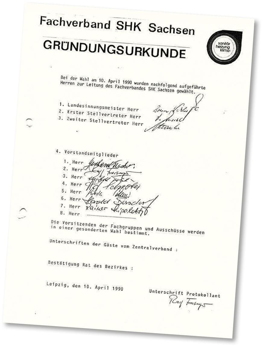 … das Gründungsprotokoll des Fachverbandes SHK Sachsen nach der Wiedervereinigung vom 10. April 1990.