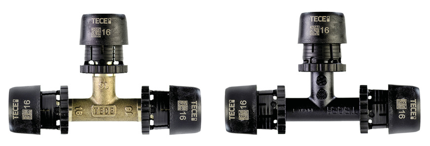 Das neue Fittingprogramm wird aus bleifreier Siliziumbronze (links) und alternativ aus dem Hochleistungskunststoff PPSU (rechts) angeboten.