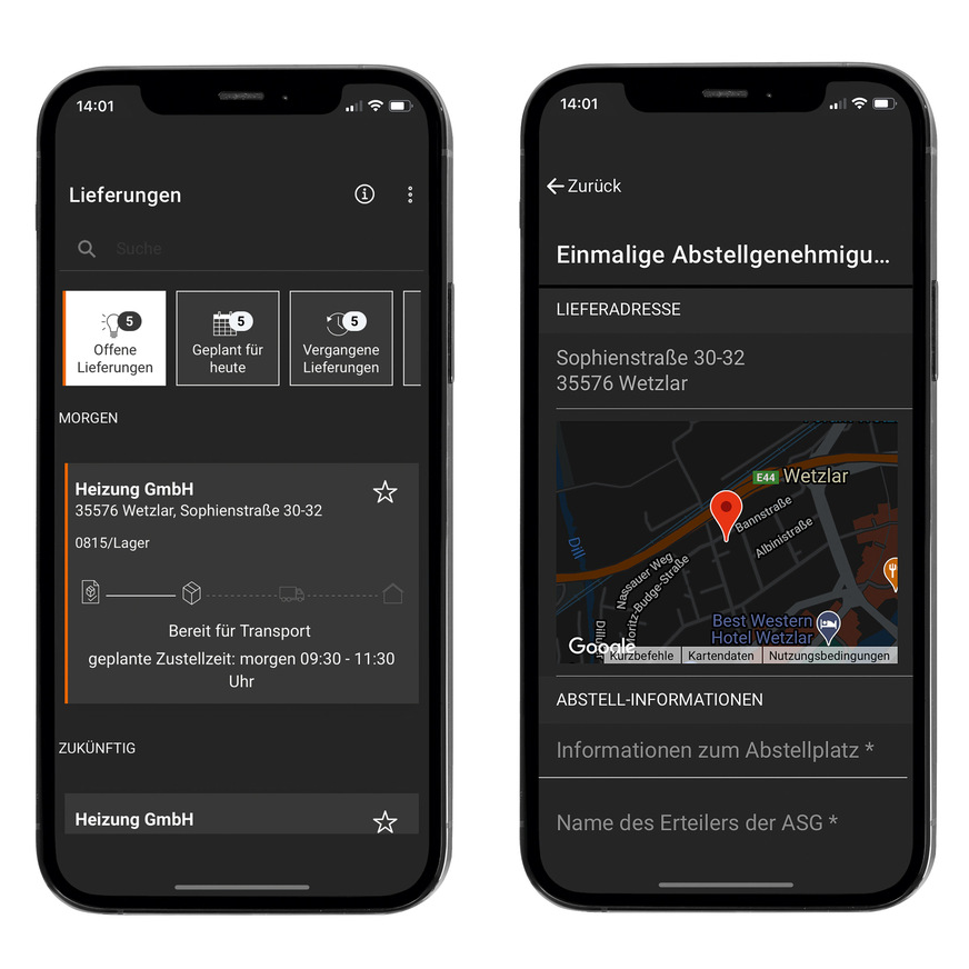 Installateure haben immer den Überblick über offene Lieferungen. In der neuen Buderus App ProDelivery kann man eine Abstellgenehmigung zur kontaktlosen Übergabe erteilen und den Abgabestandort eintragen.