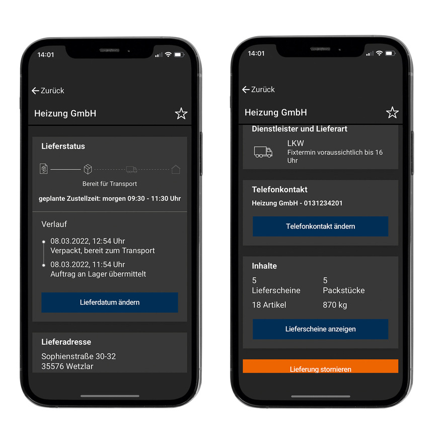 Die neue Buderus App ProDelivery bietet Handwerkspartnern die Möglichkeit, den Lieferstatus exakt zu verfolgen. Telefonkontakte können ebenfalls hinterlegt werden, und die App zeigt den Inhalt der Sendung anhand der Lieferscheine an.