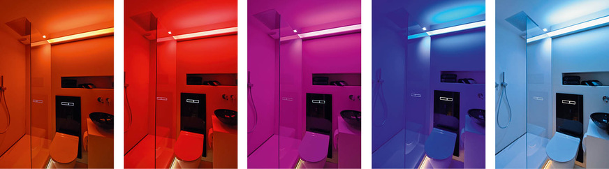 Die beiden Deckenspots und die breite Spiegelleuchte sorgen für ein einzigartiges Licht­ und Farbspiel im neuen Duschbad. Sie lassen sich nicht nur in der Helligkeit regeln, sondern können zusätzlich ganz nach individuellem Kundenwunsch den gesamten Raum in eine andere Buntfarbe tauchen.