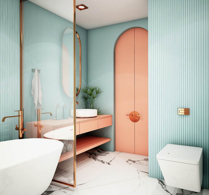 11 In Asien oder Amerika durchaus denkbar, aber ungewohnt für uns: zwei nahezu komplementäre Pastellfarben in ähnlicher Quantität, ergänzt durch Kupferglanz.