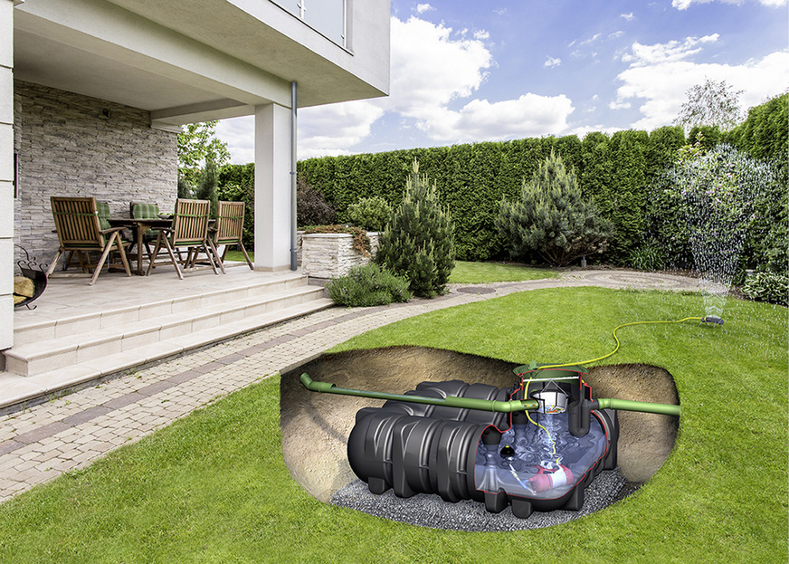 Regenwassernutzungsanlage zur Gartenbewässerung.