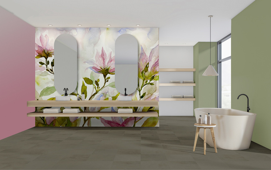 Bild 6: Ein handgemaltes Aquarell mit Magnolien wird „aufgeblasen“ zur Tapete als großmaßstäblicher Blickfang fürs Bad. Die Wandfarben sind perfekt auf die Malerei abgestimmt (Malerei und Fotobearbeitung: Dr. K).