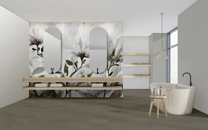 Bild 7: Ist das große Motiv zu bunt? Auch in Schwarz-Weiß mit blondem Holz wirkt die Wand noch extrem individuell. Ähnliches ist natürlich auch mit schönen Kundengemälden oder -fotos denkbar (Malerei und Fotobearbeitung: Dr. K).