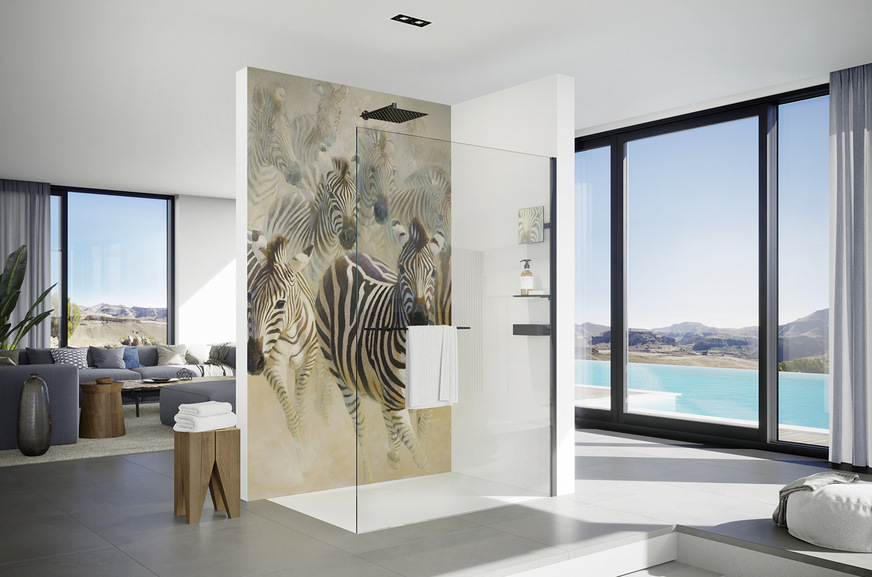 Bild 8: City-Look kombiniert mit Zebrastreifen, leicht zu montieren und einfach zu pflegen (Walk-in-Seitenwand von Hüppe Select).
