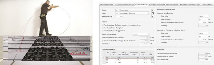 Im Softwaremodul „Fußbodenheizung“ ist für den Verlegeabstand ein Vorschlagswert von 15 cm hinterlegt (entspricht 6,5m/m²); dieser Wert lässt sich bei Bedarf anpassen. Auch Randzonen sollten gegebenenfalls beachtet und in die Berechnung mit einbezogen werden. Anhand von Heizlast und Verlegeabstand wird mittels Software jene Vorlauftemperatur bestimmt, die für die benötigte thermische Heizleistung erforderlich ist.