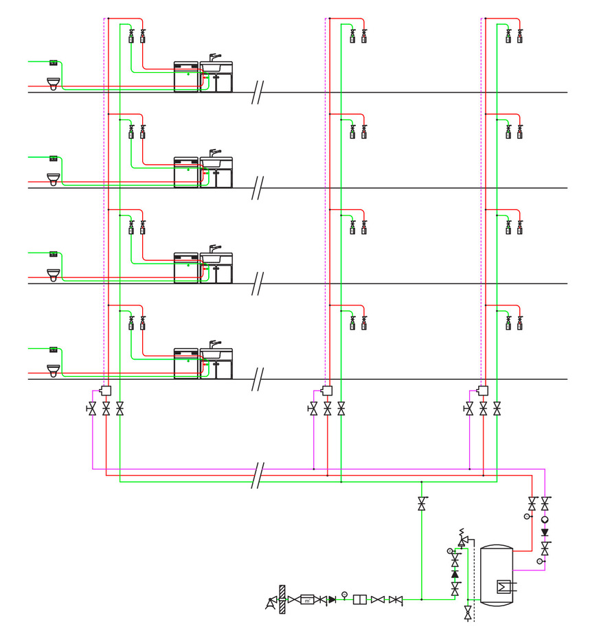 Prinzip der innen liegenden Zirkulation. Zu den Vorteilen zählen u. a. ein geringer Platzbedarf im Schacht, kleinere Schachtabmessungen, eine geringere Erwärmung der Kaltwasserleitung im Schacht und geringere Erstellungskosten durch den Wegfall von Dämmung.