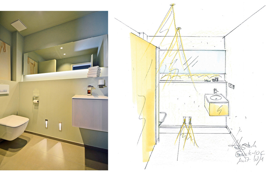 Das Gäste­-WC wird anstatt mit einer Dusche mit einem integrierten, aber abgetrennten Hauswirtschaftsraum kombiniert.