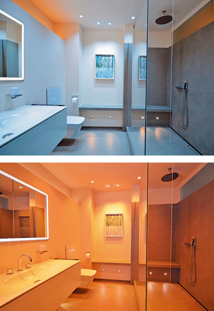 Das belebend wirkende, bläulich erscheinende morgendliche Sonnenlicht (oben) oder das eher rötliche und beruhigende Abendlicht können im Bad simuliert ­werden.