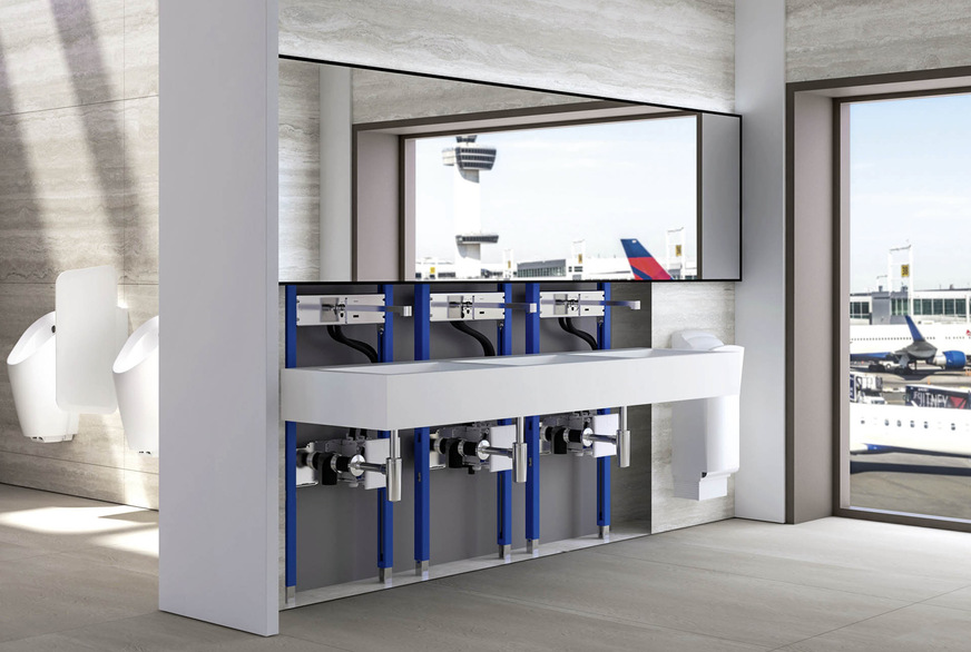 Die nötige Technik für eine komfortable, elektronisch gesteuerte Waschtisch­armatur kann ebenfalls komplett in die Vorwand und damit für den Nutzer verborgen ­eingebaut werden.