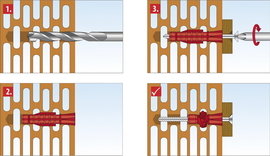 Im Mauerwerk ist eine ­Befestigung mit Allzweck-­dübeln (z. B. Tri) empfehlenswert. Der Dübel verknotet in den Hohlräumen.