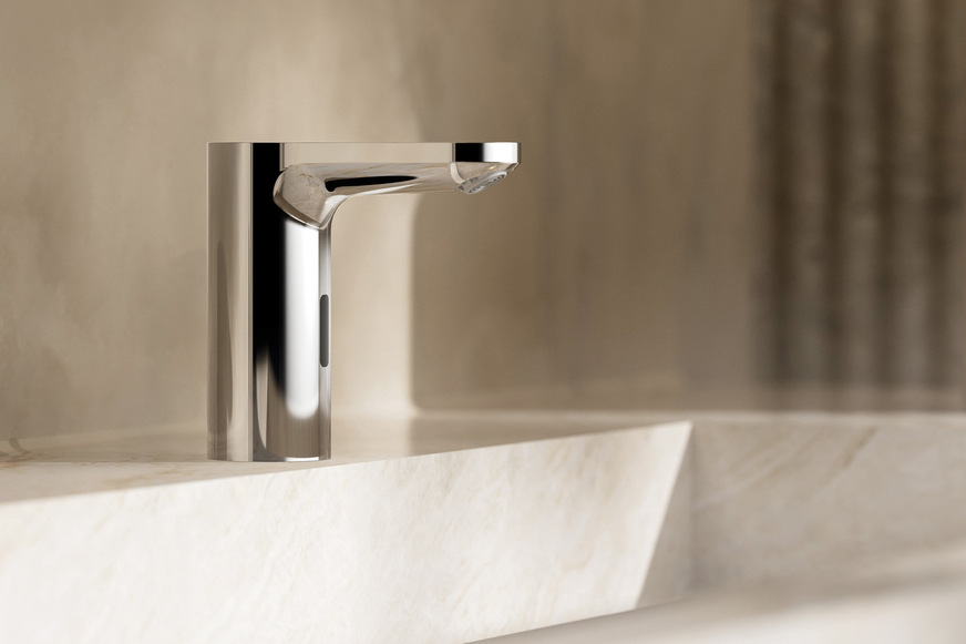 Bei den neuen Armaturenserien Xeris E², Celis E² (im Bild) und Puris E² von Schell steuert ein hochpräziser ToF-Sensor (Time of Flight) den Wasserfluss.