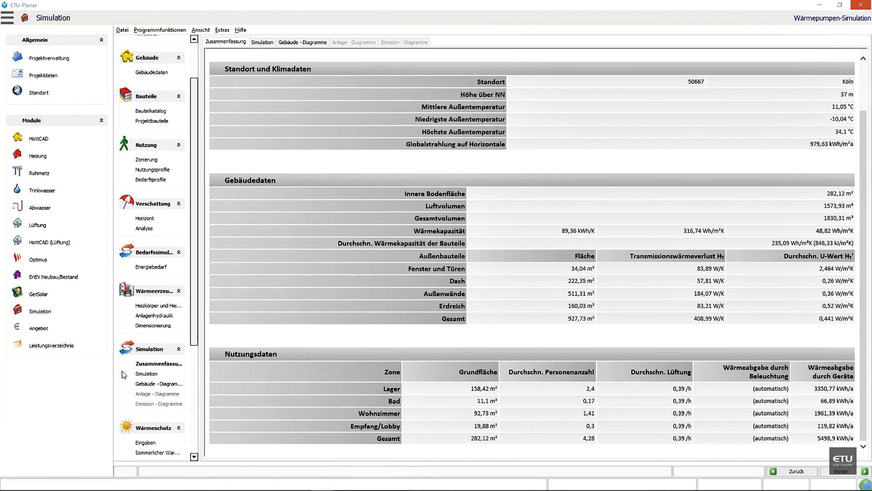 Vor der Berechnung steht die Eingabe der Standort-, Klima-, Gebäude- und ­Nutzungsdaten …