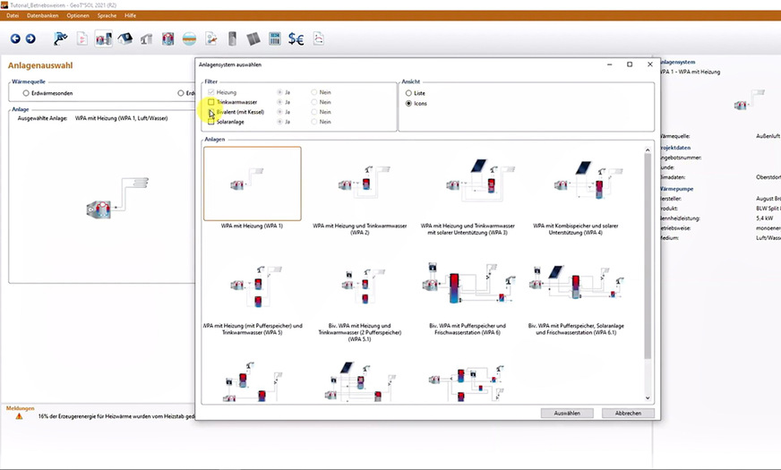 Unterschiedliche Anlagenkonfigurationen lassen sich schnell auswählen und&nbsp;mit wenig Aufwand miteinander vergleichen.